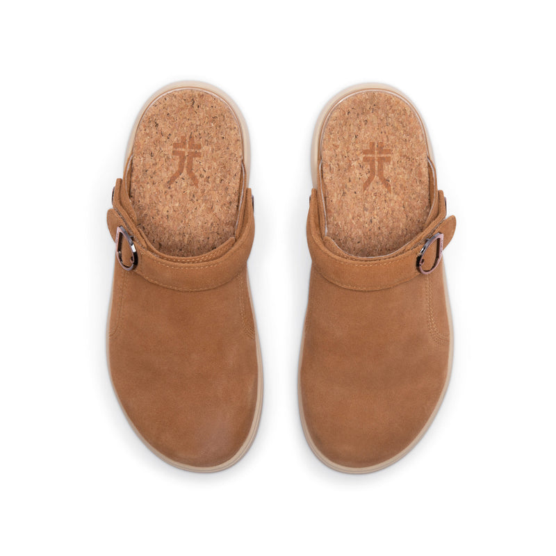 Top-down view of KURU MOMENT Ease Women's Clogs in Toffee Brown-Sand with cork insoles.