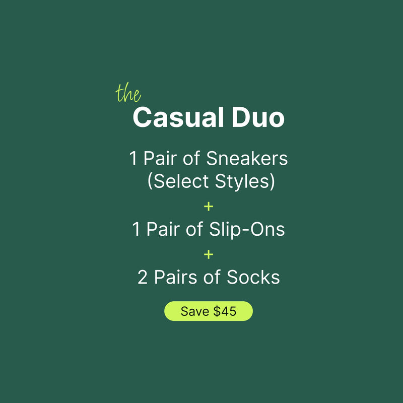 The KURU Casual Duo bundle: one pair of sneakers, one pair of slip-ons, and two pairs of socks. Save $45