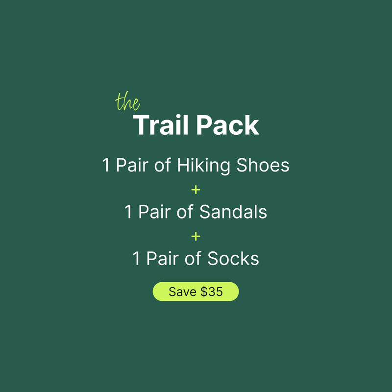 The KURU Trail Pack bundle: one pair of hiking shoes, one pair of sandals, and one pair of socks. Save $35.