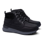 Pair of KURU QUEST 2 Men's Hiking Boots in Jet Black-Lead Gray with KURUSOLE heel.