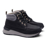 Pair of KURU QUEST 2 Women's Hiking Boots in Jet Black-Greige with KURUSOLE heel.