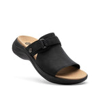 Angled profile view of the KURU CODA Aika Women's Sandal in Jet Black.