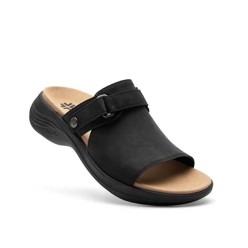 Angled profile view of the KURU CODA Aika Women's Sandal in Jet Black.