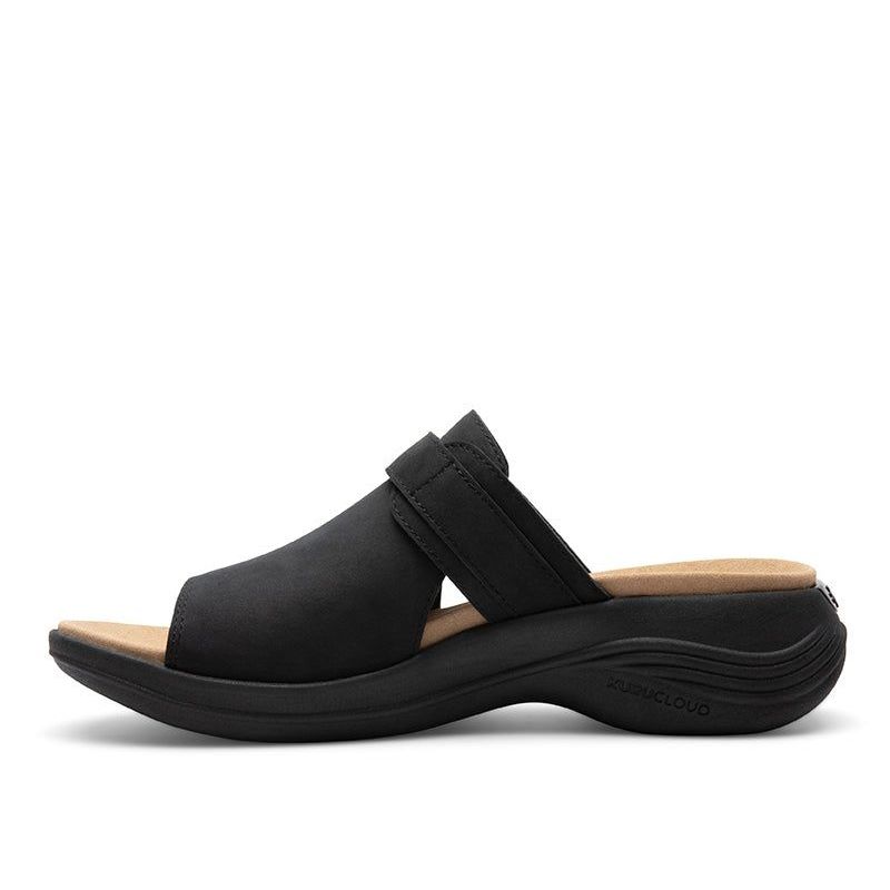 Outsole view of the KURU CODA Aika Women's Sandal in Jet Black, showing the KURUSOLE tread.