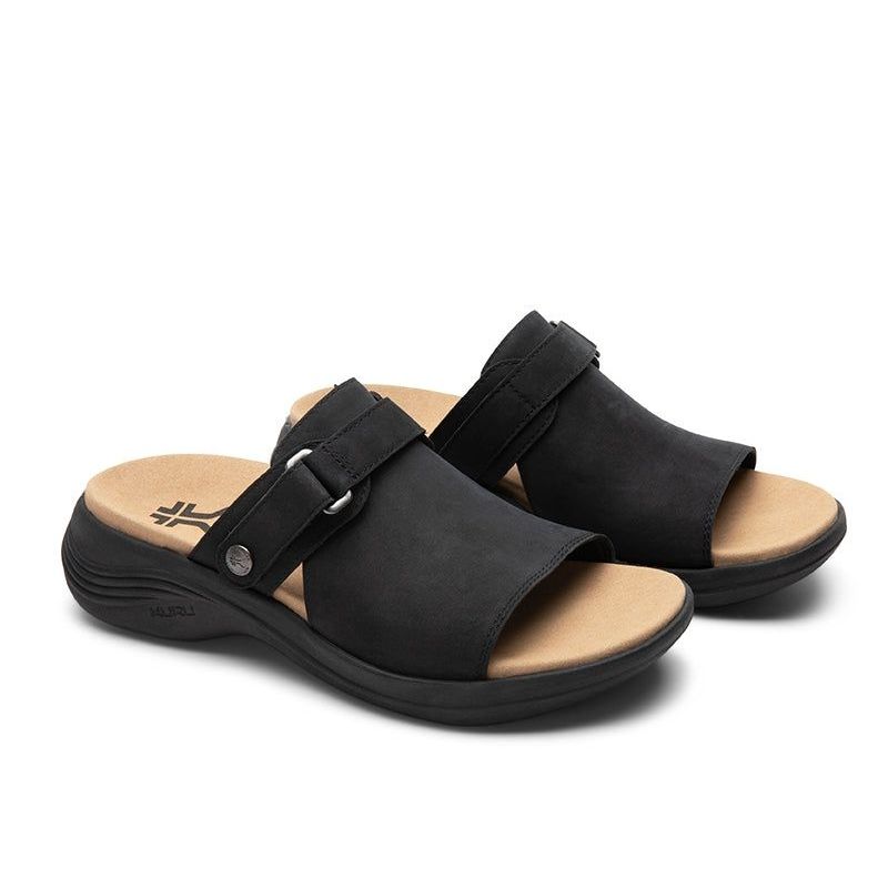 Pair of KURU CODA Aika Women's Sandal in Jet Black, angled view.