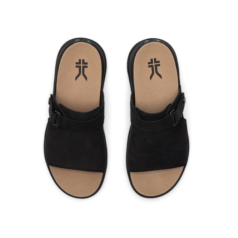 Pair of KURU CODA Aika Women's Sandal in Jet Black, angled view.