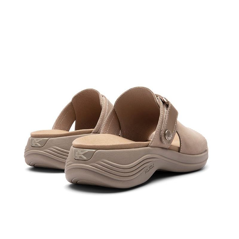 Back heel view of the KURU CODA Aika Women's Sandal in Sand-Metallic.