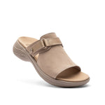 Angled profile view of the KURU CODA Aika Women's Sandal in Sand-Metallic.