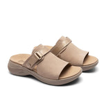 Pair of KURU CODA Aika Women's Sandal in Sand-Metallic, angled view.
