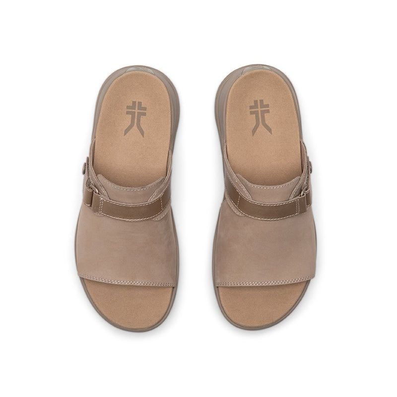 Pair of KURU CODA Aika Women's Sandal in Sand-Metallic, angled view.