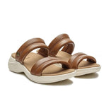 Pair of KURU CODA Mesa Women's Sandal in Amber Brown-Pearl White, angled view.
