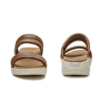 Pair of KURU CODA Mesa Women's Sandal in Amber Brown-Pearl White, angled view.