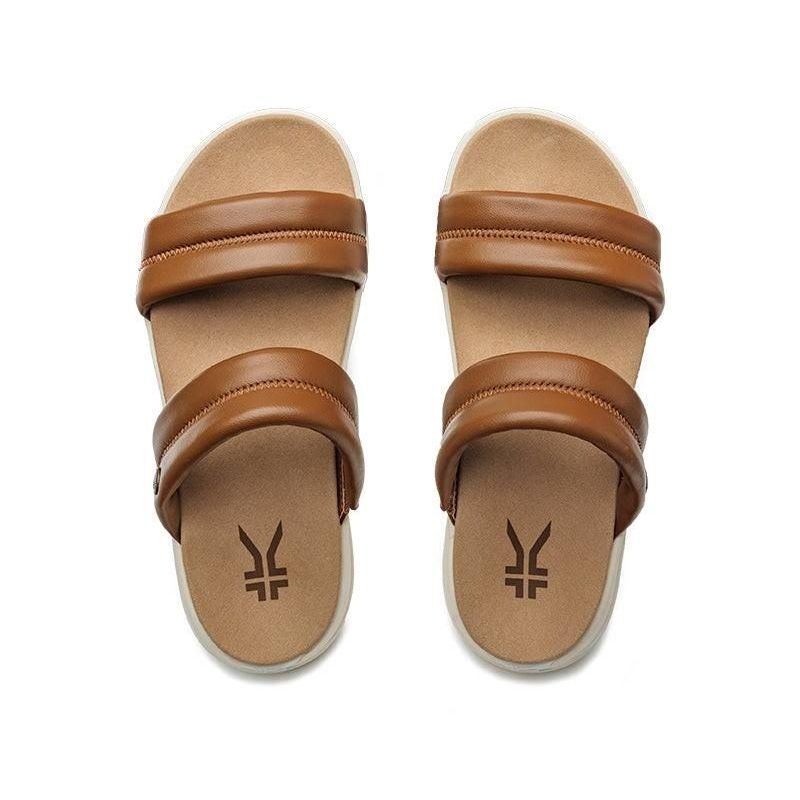 Close-up of the upper material on the KURU CODA Mesa Women's Sandal in Amber Brown-Pearl White.