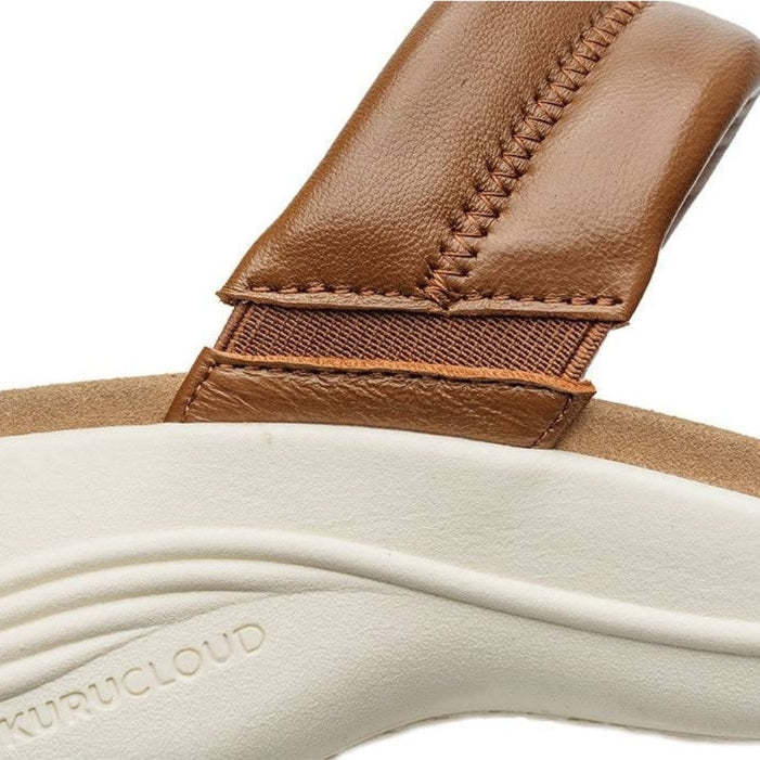 Close-up of the upper material on the KURU CODA Mesa Women's Sandal in Amber Brown-Pearl White.