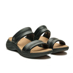 Pair of KURU CODA Mesa Women's Sandal in Jet Black, angled view.