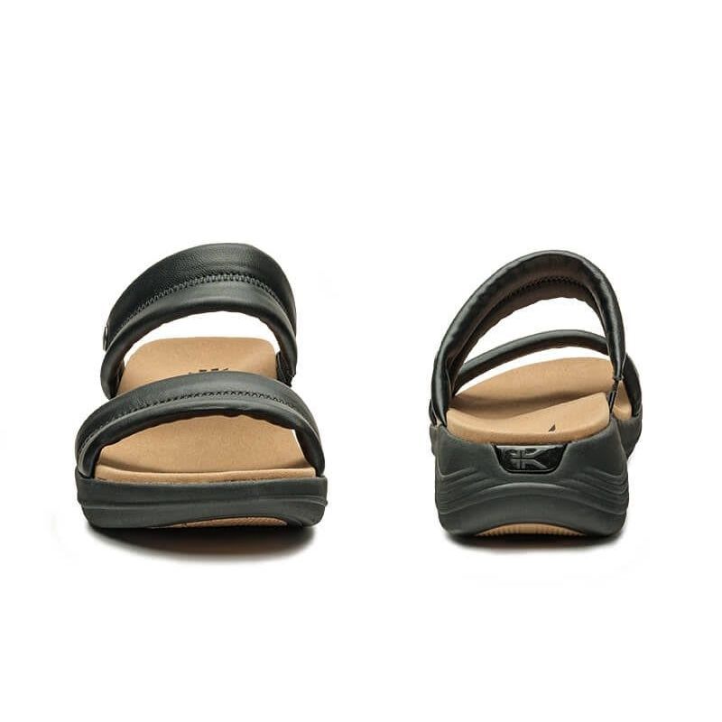 Pair of KURU CODA Mesa Women's Sandal in Jet Black, angled view.