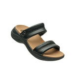 Angled profile view of the KURU CODA Mesa Women's Sandal in Jet Black.