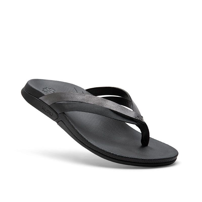 Angled profile view of the KURU KALA Sieva Women's Sandal in Jet Black-Metallic.