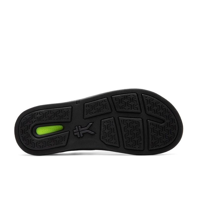 Outsole view of the KURU KALA Sieva Women's Sandal in Jet Black-Metallic, showing the KURUSOLE tread.