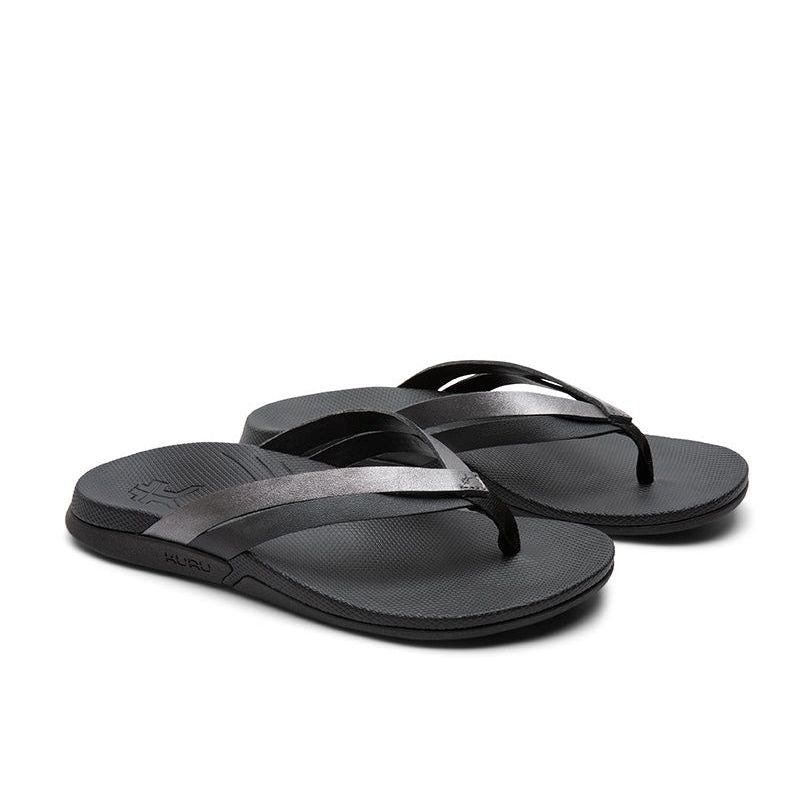 Pair of KURU KALA Sieva Women's Sandal in Jet Black-Metallic, angled view.