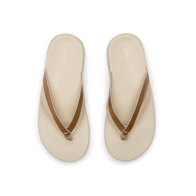 Back heel view of the KURU KALA Sieva Women's Sandal in Sand-Metallic.