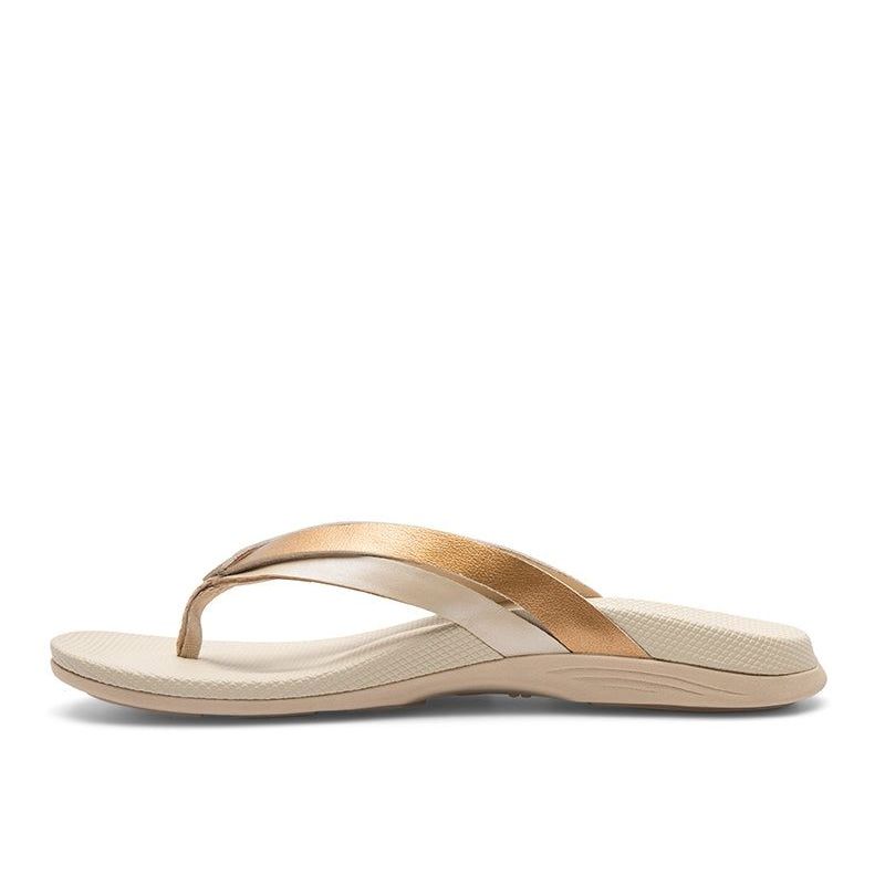Pair of KURU KALA Sieva Women's Sandal in Sand-Metallic, angled view.