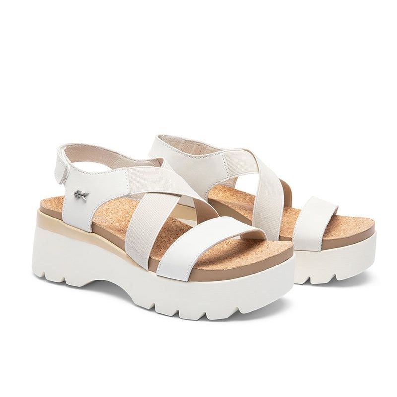 Pair of KURU LOMA Women's Sandal in Ecru-Sand, angled view.