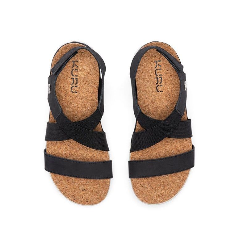 Back heel view of the KURU LOMA Women's Sandal in Jet Black-Bright White.