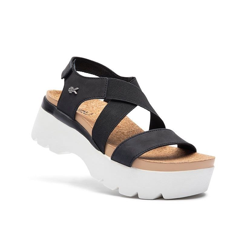 Angled profile view of the KURU LOMA Women's Sandal in Jet Black-Bright White.
