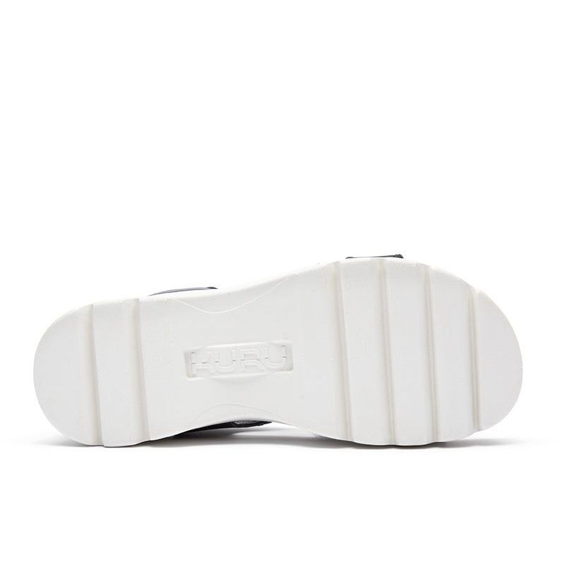 Outsole view of the KURU LOMA Women's Sandal in Jet Black-Bright White, showing the KURUSOLE tread.
