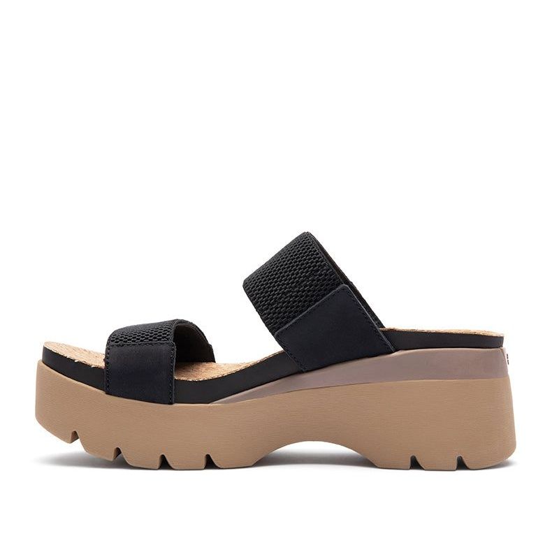 Back heel view of the KURU LOMA Tila Women's Sandal in Jet Black-Sand.