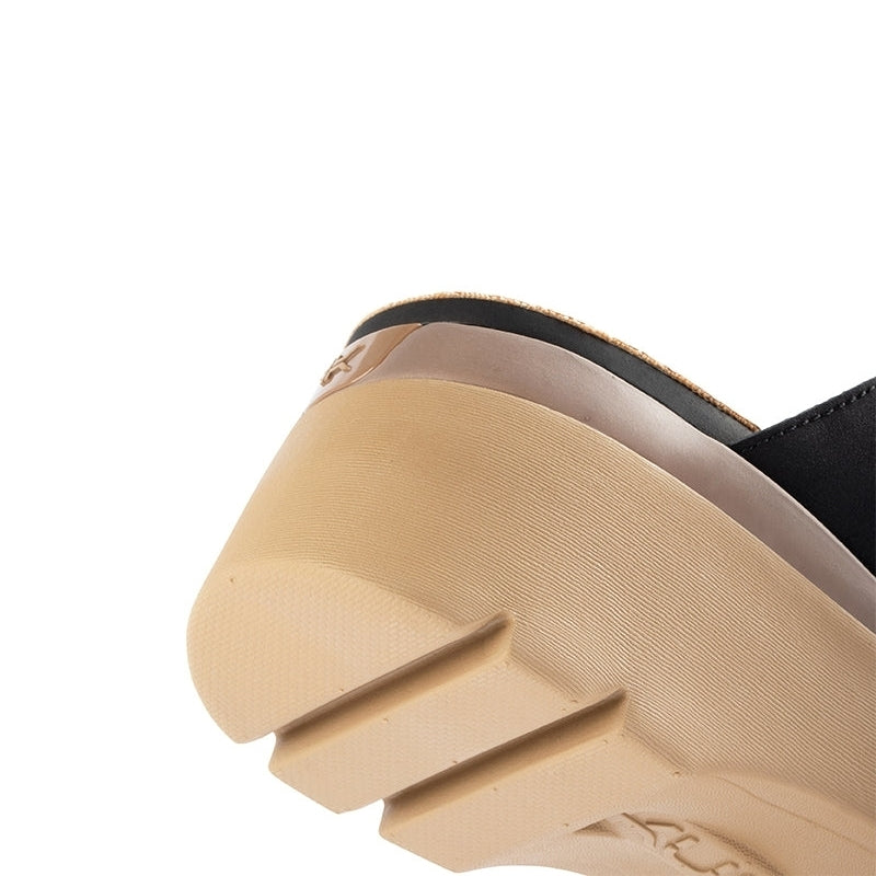 Close-up of the upper material on the KURU LOMA Tila Women's Sandal in Jet Black-Sand.