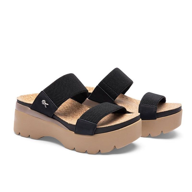 Pair of KURU LOMA Tila Women's Sandal in Jet Black-Sand, angled view.