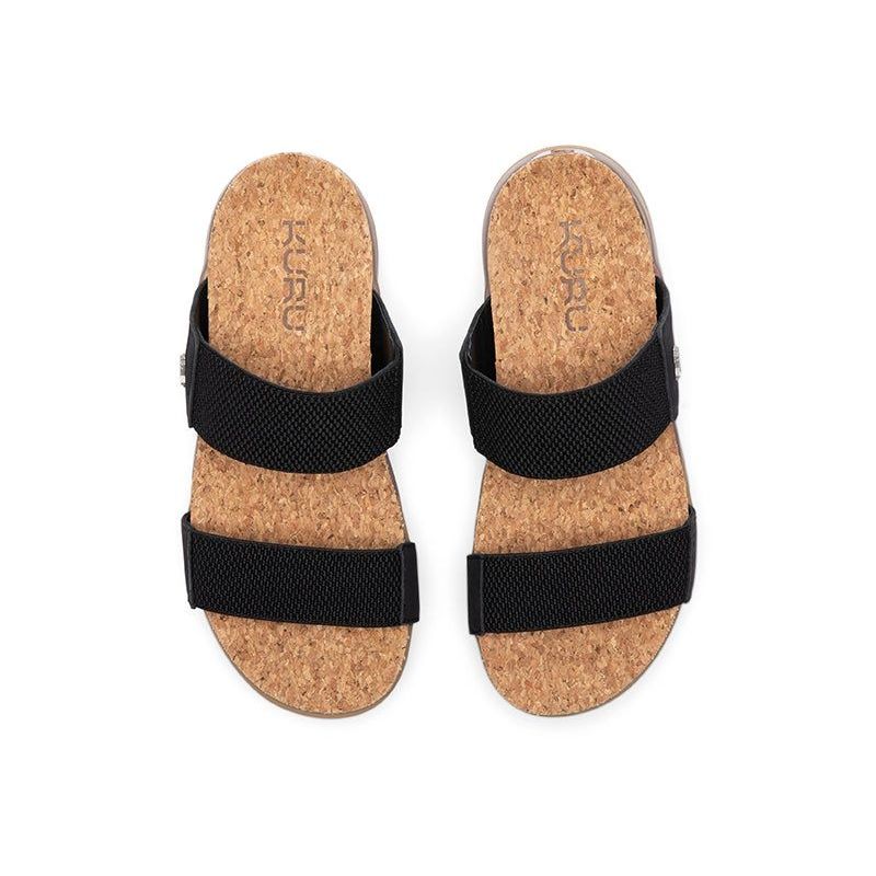 Pair of KURU LOMA Tila Women's Sandal in Jet Black-Sand, angled view.