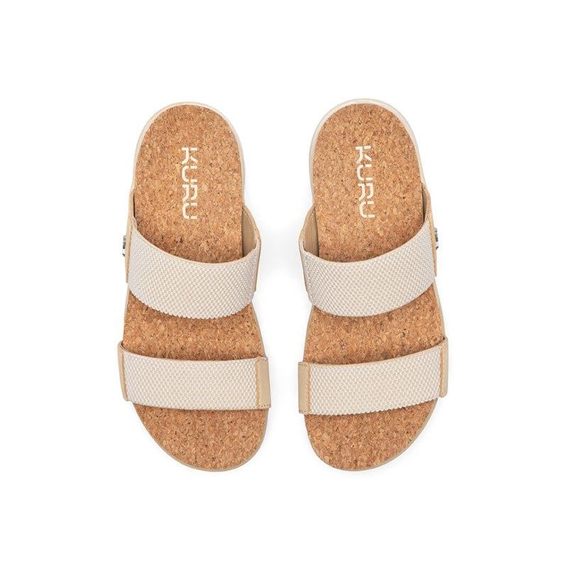 Pair of KURU LOMA Tila Women's Sandal in Jet-Sand-Desert Tan, angled view.