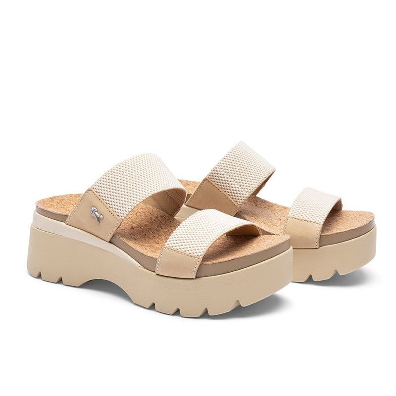 Pair of KURU LOMA Tila Women's Sandal in Jet-Sand-Desert Tan, angled view.