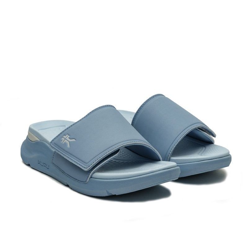 Pair of KURU MOMENT Women's Sandal in Blue Fog-White, angled view.
