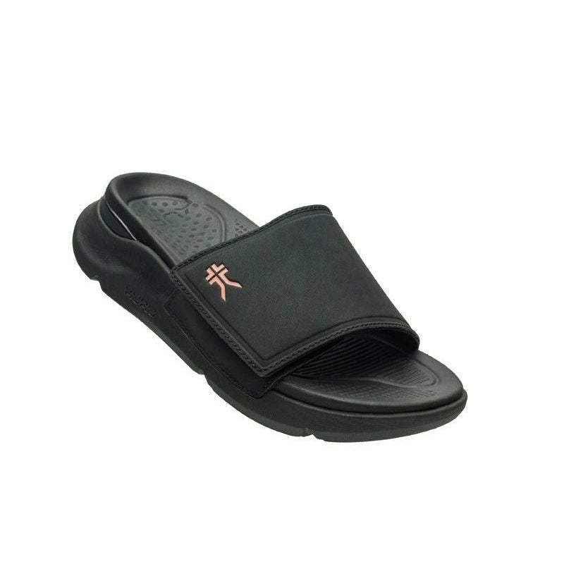 Outsole view of the KURU MOMENT Women's Sandal in Jet Black-Peach Sherbet, showing the KURUSOLE tread.