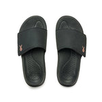 Back heel view of the KURU MOMENT Women's Sandal in Jet Black-Peach Sherbet.