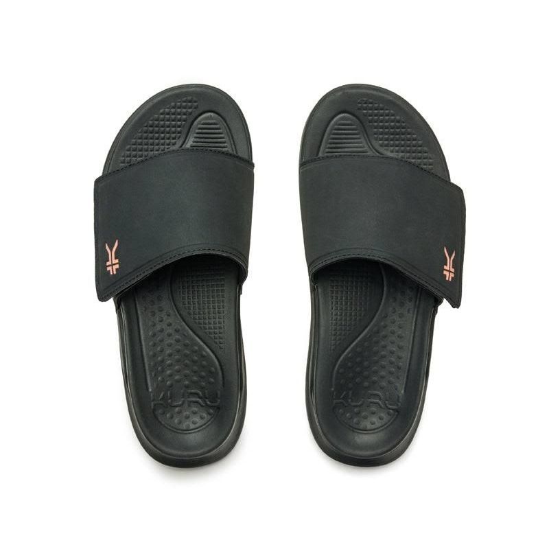 Back heel view of the KURU MOMENT Women's Sandal in Jet Black-Peach Sherbet.