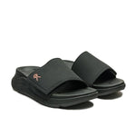 Pair of KURU MOMENT Women's Sandal in Jet Black-Peach Sherbet, angled view.