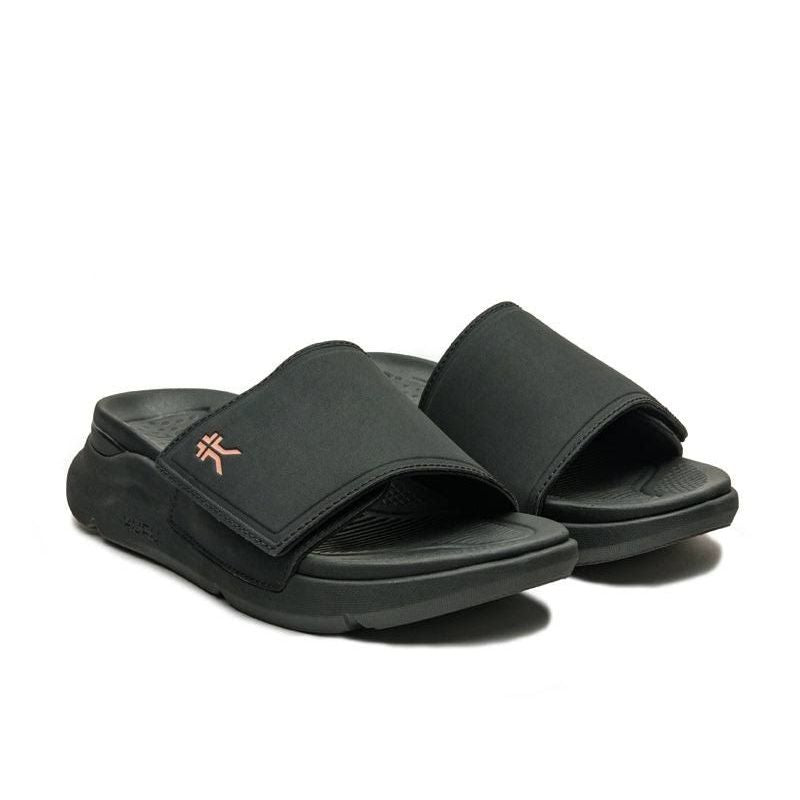 Pair of KURU MOMENT Women's Sandal in Jet Black-Peach Sherbet, angled view.