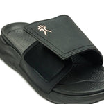Close-up of the heel cup on the KURU MOMENT Women's Sandal in Jet Black-Peach Sherbet.