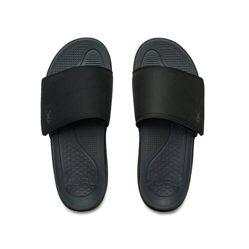 Close-up of the upper material on the KURU MOMENT Men's Sandal in Jet Black-Storm Gray.