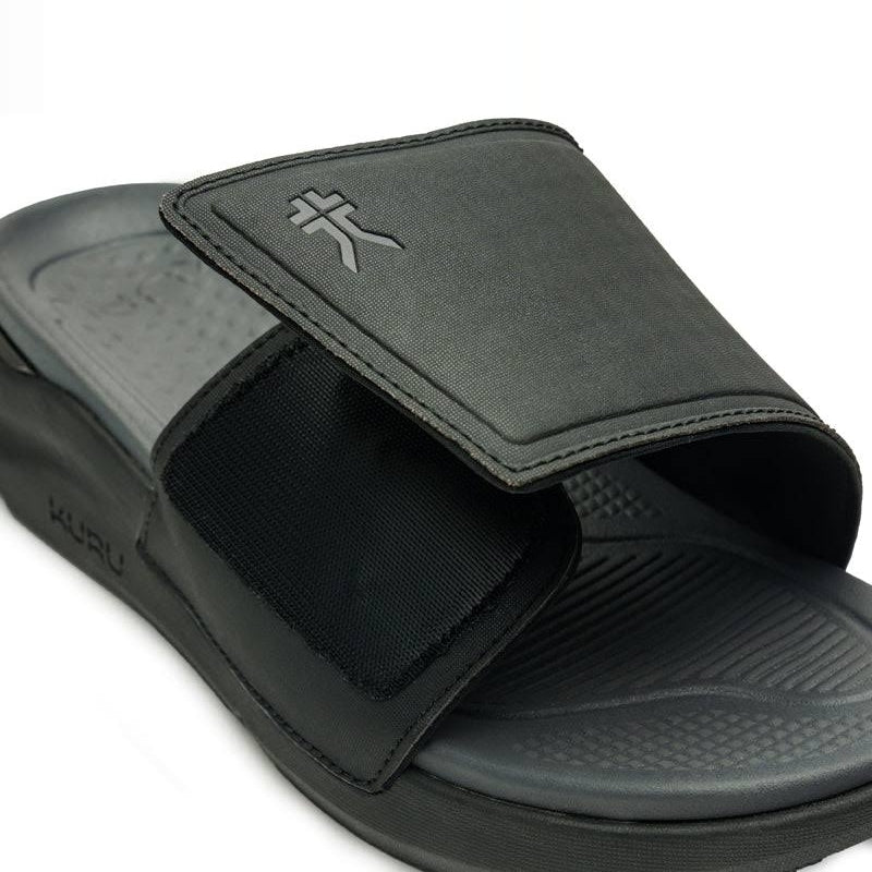 Outsole view of the KURU MOMENT Men's Sandal in Jet Black-Storm Gray, showing the KURUSOLE tread.