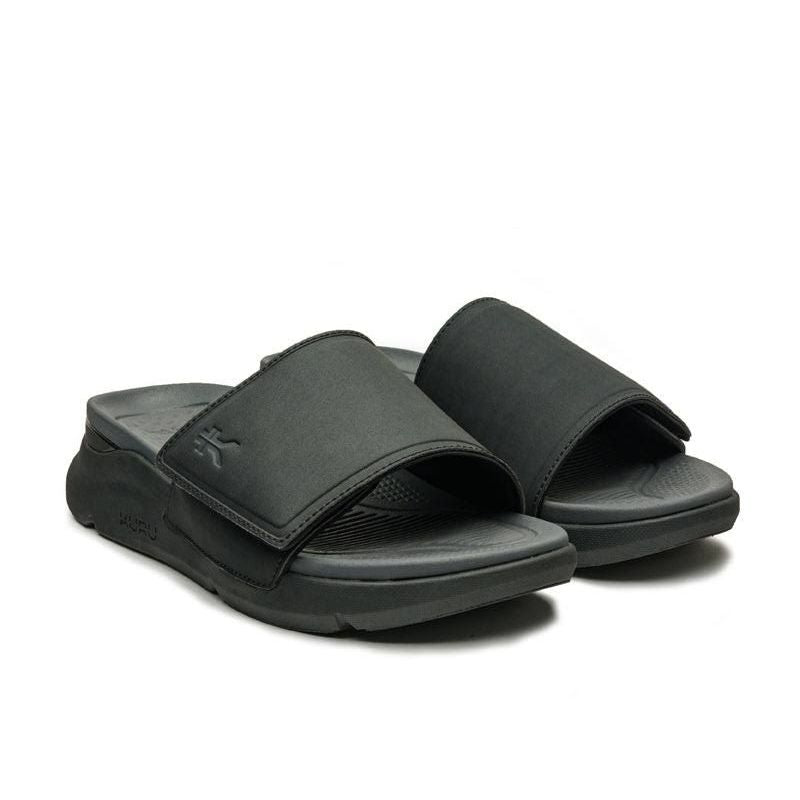 Pair of KURU MOMENT Men's Sandal in Jet Black-Storm Gray, angled view.