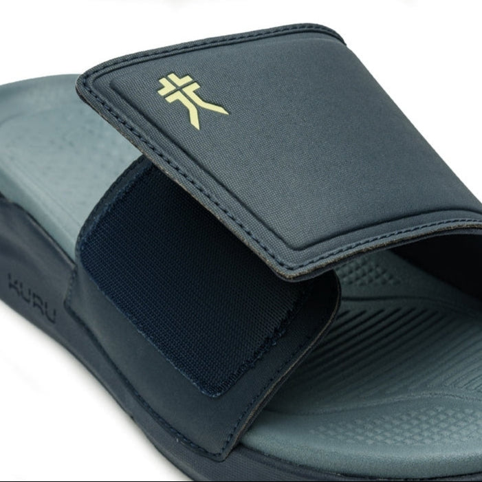 Close-up of the upper material on the KURU MOMENT Men's Sandal in Midnight Blue-Pale Lime.