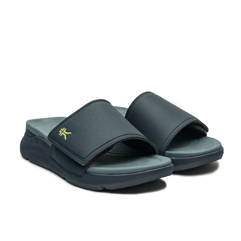 Pair of KURU MOMENT Men's Sandal in Midnight Blue-Pale Lime, angled view.