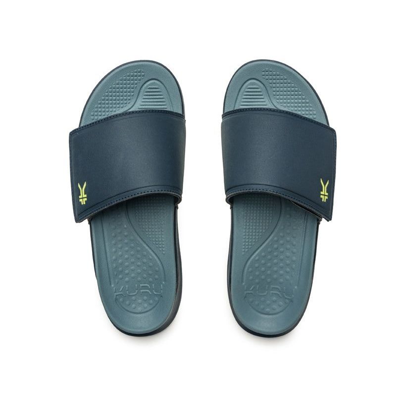 Pair of KURU MOMENT Men's Sandal in Midnight Blue-Pale Lime, angled view.