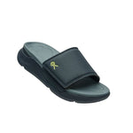 Angled profile view of the KURU MOMENT Men's Sandal in Midnight Blue-Pale Lime.